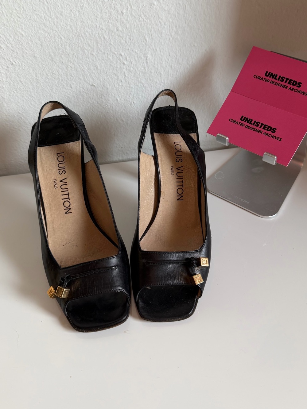 Louis Vuitton Black Leather Peep-Toe Slingback Heels